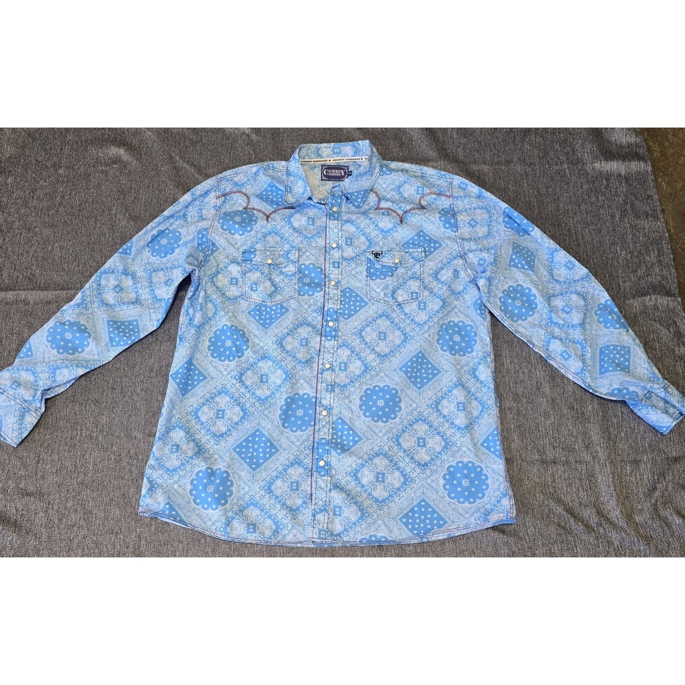 Cowboy Hardware Western Shirt Men's XXL Pearl Snap Blue Bandana Paisley Rodeo
